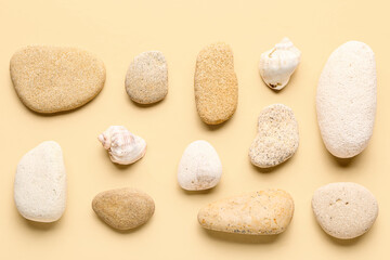 Many pebble stones on orange background
