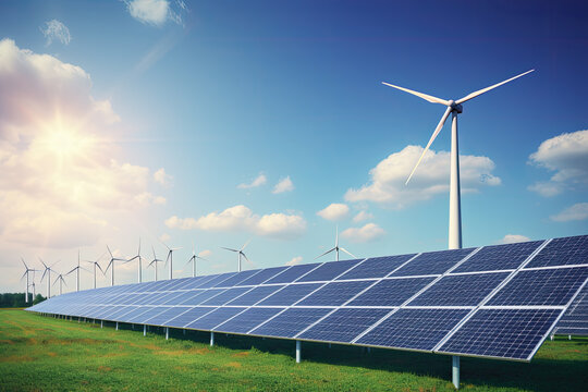 planta de paneles solares y turbinas eólicas en campo