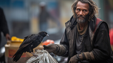 A homeless man scavenging garbage next to a crow along the city street looking at the camera.