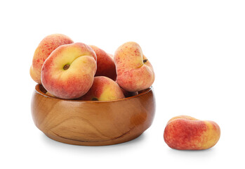 Wooden bowl with sweet fig peaches on white background