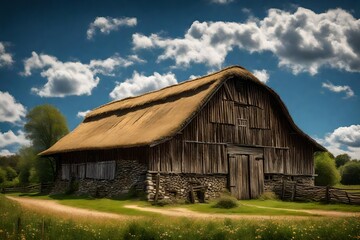 Obraz premium Generate an image of a rural barn with a thatched roof, set against a blue sky