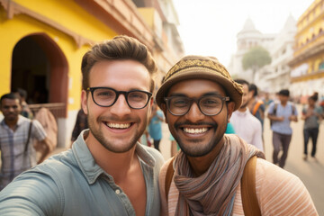 gay couple happy expression traveler concept .  - obrazy, fototapety, plakaty