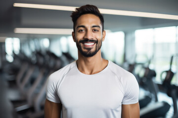 hispanic man happy expression in a gym. fitness teacher concept