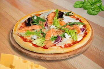 Fresh tasty pizza with cheese and vegetables