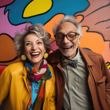 senior couple happy expression against grunge colorful graffiti