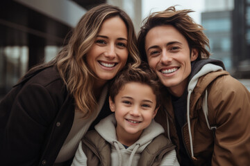 family with happy expression outdoors in a city. 