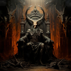 Figure of Baphomet with long beard sitting on his throne. Baphomet occult art in black art antique oil painting. Scary Baphomet digital painting.