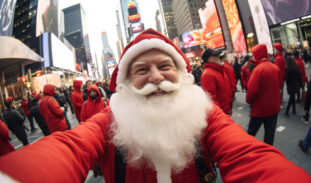 wide angle selfie picture taken with a pocket camera of  santa claus looking at the camera in times square