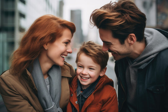 family with happy expression outdoors in a city.