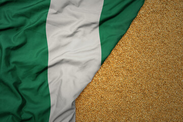 wheat grain on the waving colorful big national flag of nigeria .