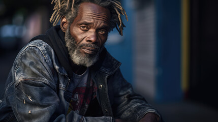 Fototapeta premium Black homeless garbage collector walking down the city street looking at the camera.