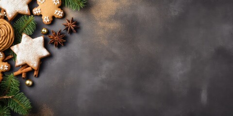 Christmas baking cookies sweets border background. Merry Christmas and Happy New Year. Festive beautiful background.