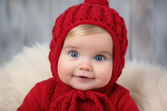 A smiling cute baby wearing a red knitted hat and sweater. The background is a white wooden wall with a white fur rug