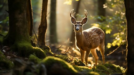Startled deer pausing amidst a sun-dappled forest
