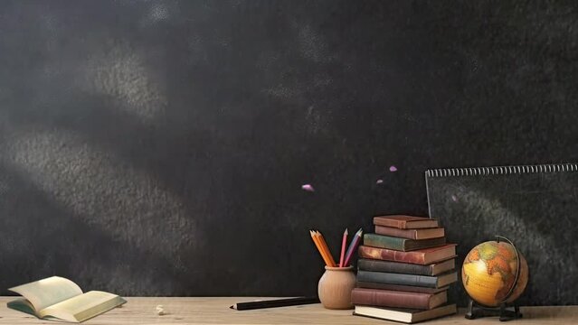 back to school classroom with blackboard background with anime or cartoon style. seamless looping time-lapse virtual video animation background.