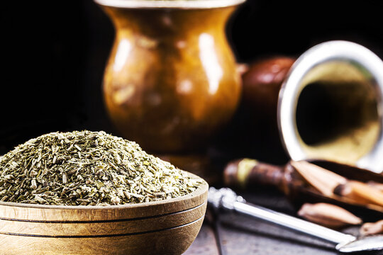 mate chimarr&atilde;o herb, with cumbuca in the background, herb used in Brazil in hot drinks