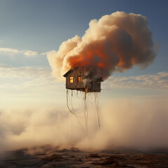Illustration of a suspended house with smoke coming out of it because of the fire. Home on fire in the sky. Environmental concept.