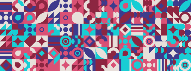 Blue burgundy and pink modern geometric banner with shapes