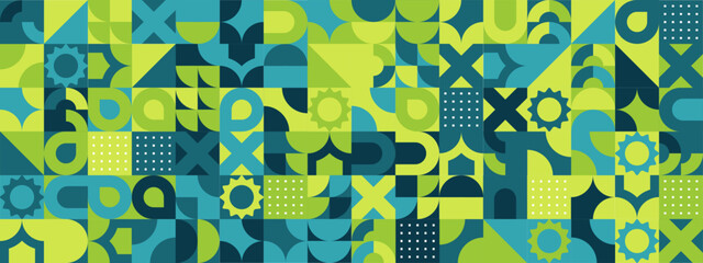 Blue and green modern geometric banner with shapes
