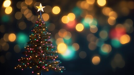 Christmas trees. Background bright blurred lights bokeh light. Merry Christmas and Happy New Year. Festive bright beautiful background.