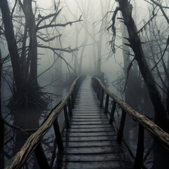 Fototapeta premium A wooden road in a foggy swamp forest that bridges 