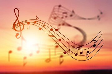 Fototapeta na wymiar Beautiful musical notes on sunset sky background