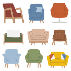 Retro comfy furniture design. Living room different seat set. Couch collection isolated on white. Interior intems for cozy lounge space. Mid century modern armchair hand drawn flat vector illustration