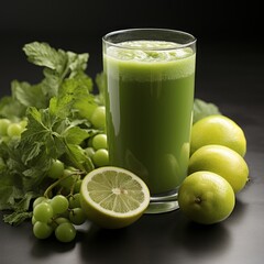A healthy glass of green juice with fresh fruits and veggies. Generative AI. 