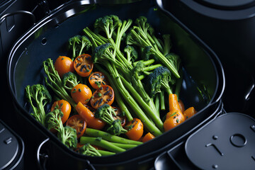 Close-up of fresh vegetables prepared in the air fryer, offering a healthy and economical meal option. Generated by AI