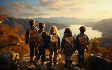 Fototapeta na wymiar junior schoolchildren with backpacks look at the sunset cityscape from the hill after school, the children stand with their backs and look at the sunset landscape from the mountain