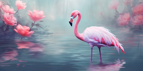 illustration of pink flamingos standing in a lotus garden pond, generative AI