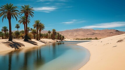 Tranquil oasis with palm trees and desert sand dunes
