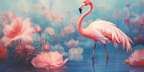 illustration of pink flamingos standing in a lotus garden pond, generative AI