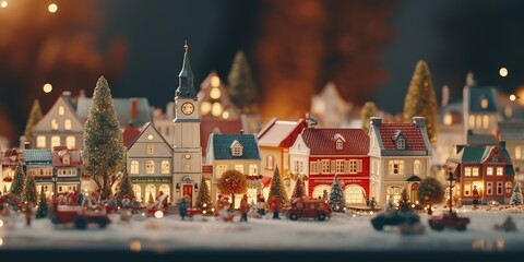 Fototapeta na wymiar Winter Christmas town tilt-shift Miniature faking. Merry Christmas and Happy New Year. Festive bright beautiful background.