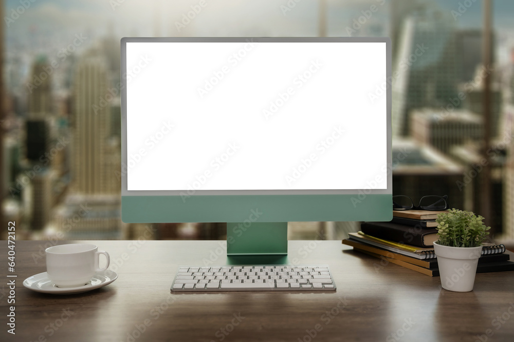Poster laptop with blank screen on table. room with decorations and copy space computer with blank copy spa