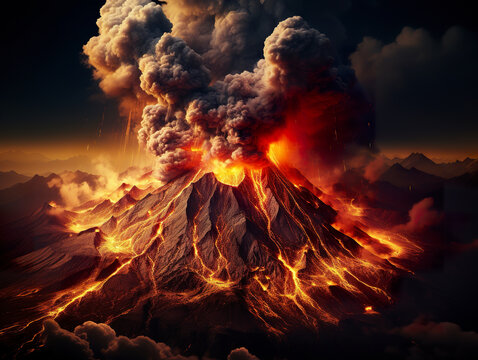 Huge volcano unleashes its primal fury with lots of smoke and dust. Volcano illustration with scorching magma in a dramatic show and Earth's untamed beauty.
