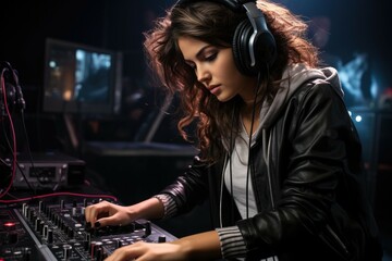 Fototapeta na wymiar DJ and Music Production A female DJ mixing music - stockphoto concepts