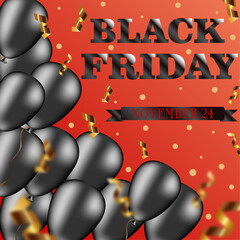 Black Friday banner. November 24. Black and red letters on a red background with a black balloons, serpentine and yellow circles