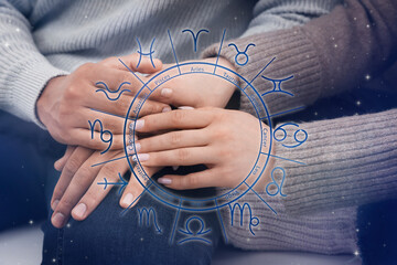 Relationships and horoscope. Zodiac wheel and photo of man and woman holding hands, closeup