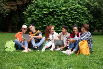 Group of happy young students learning together on green grass in park