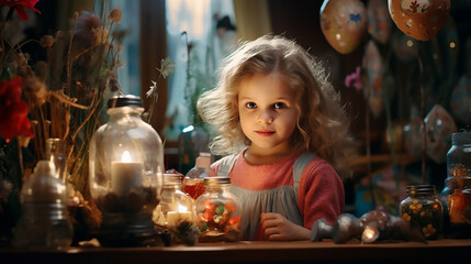 Fototapeta na wymiar a small girl with long wavy hair in the light of a candle is in an unusual festive interior in a fairy tale style.