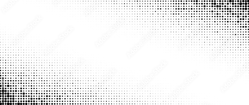 Poster Faded halftone corner texture. Dotted gradient pattern background. Abstract pop art halfton patern wallpaper. Vanishing spotted radial design backdrop for print, banner, poster, flyer. Vector