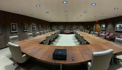 Modern board meeting room with wood table.