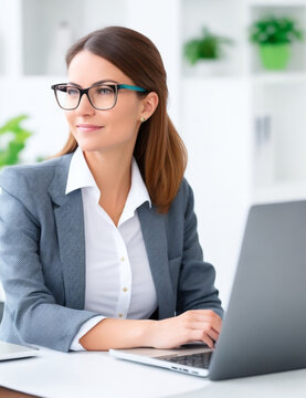 Beautiful smiling woman working on laptop in office