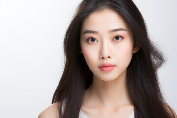 Naklejka premium Portrait of a smiling young woman with good health glowing skin and positivity standing and looking at the camera on white background.