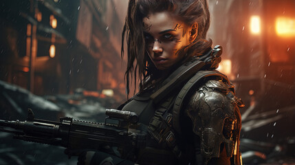 a beautiful woman holding a rifle, female soldier, special forces, futuristic, ruined city background.