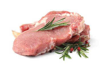 Fresh raw meat with rosemary and spices isolated on white