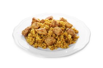 Plate of delicious rice with chicken isolated on white