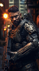 Fototapeta na wymiar a soldier holding a rifle, special forces, futuristic, ruined city background.