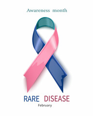 World Rare Disease Day poster. Photorealistic pink, blue, green colours ribbon on white background. illustration. 29 February Rare Disease day